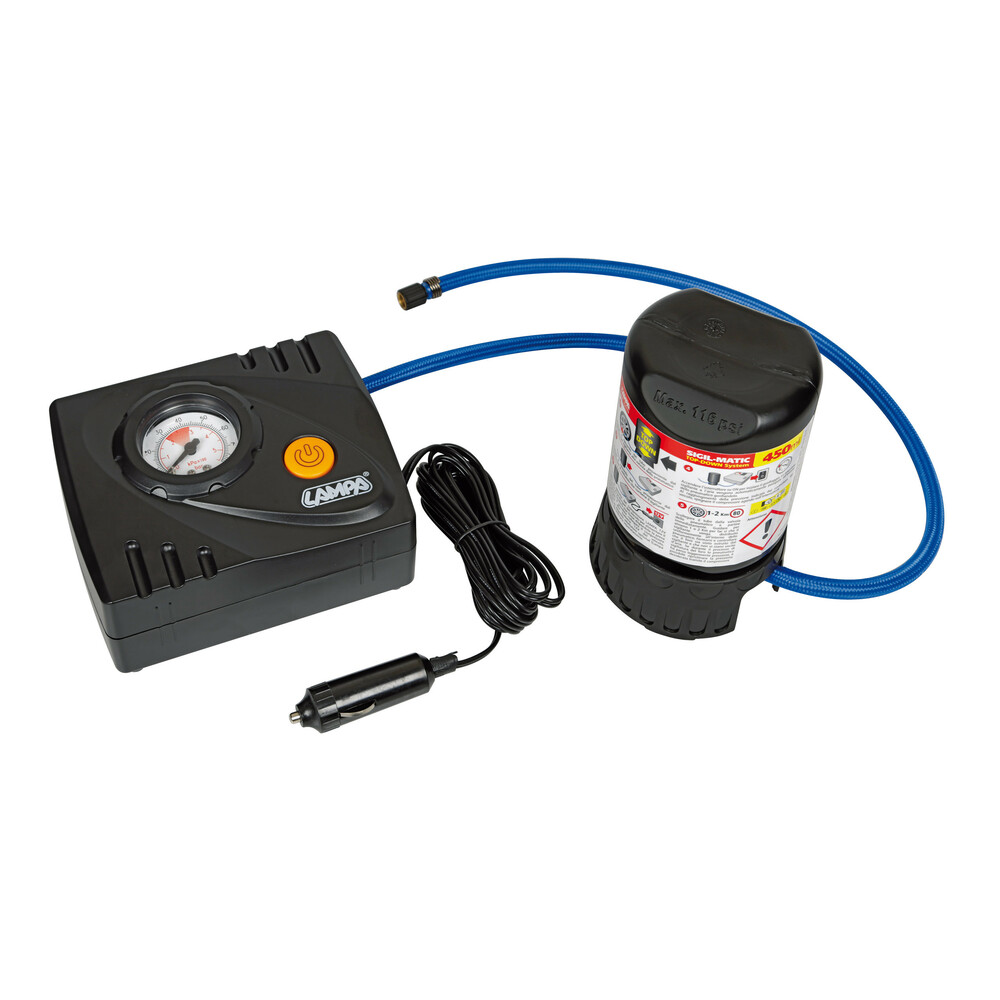 Lampa Κομπρεσέρ Ελαστικών 12V 450ml με υγρό επισκευής 450ml Μανόμετρο & Μετρητή Πίεσης Lampa Κομπρεσέρ Ελαστικών 12V 450ml με υγρό επισκευής 450ml Μανόμετρο & Μετρητή Πίεσης