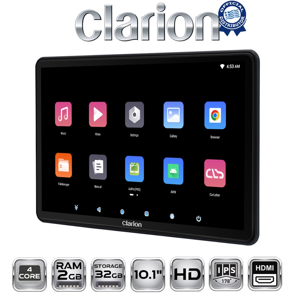 CLARION 10.1in HEADREST MONITOR 4c 2+32G - HDMI input/ output FM Modulator / BT / WiFi / USB / SD Card Slot
CLARION 10.1in HEADREST MONITOR 4c 2+32G - HDMI input/ output FM Modulator / BT / WiFi / USB / SD Card Slot