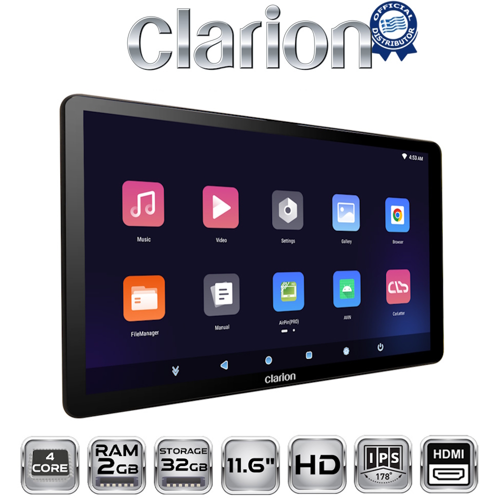 CLARION 11.6in HEADREST MONITOR 4core 2+32G - HDMI input/ output FM Modulator / BT / WiFi / USB / SD Card Slot
CLARION 11.6in HEADREST MONITOR 4core 2+32G - HDMI input/ output FM Modulator / BT / WiFi / USB / SD Card Slot