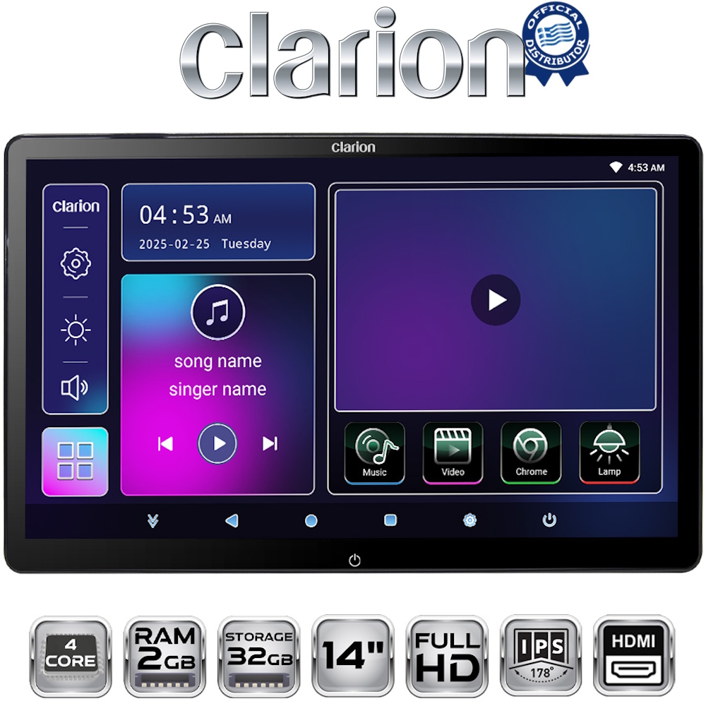 CLARION 14inc HEADREST MONITOR 4c 2+32G - HDMI input/ output FM Modulator / BT / WiFi / USB / SD Card Slot
CLARION 14inc HEADREST MONITOR 4c 2+32G - HDMI input/ output FM Modulator / BT / WiFi / USB / SD Card Slot