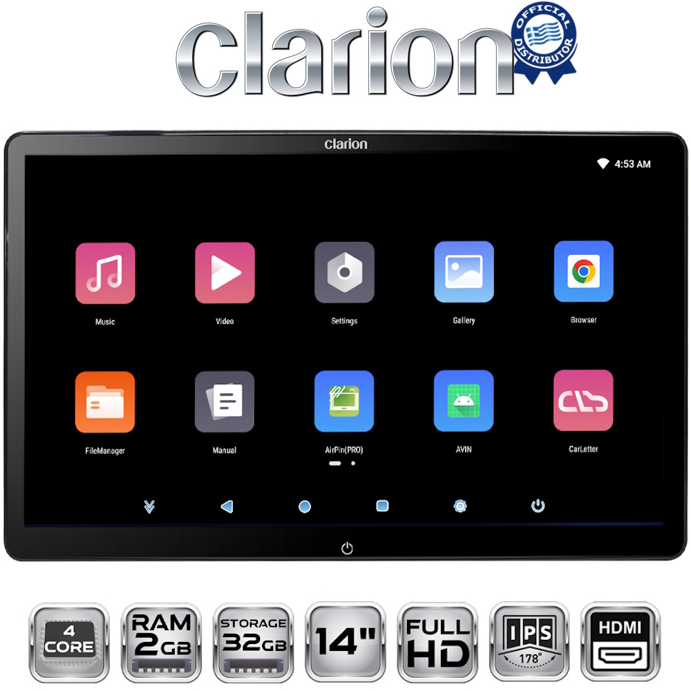 CLARION 14inc HEADREST MONITOR 4c 2+32G - HDMI input/ output FM Modulator / BT / WiFi / USB / SD Card Slot
CLARION 14inc HEADREST MONITOR 4c 2+32G - HDMI input/ output FM Modulator / BT / WiFi / USB / SD Card Slot