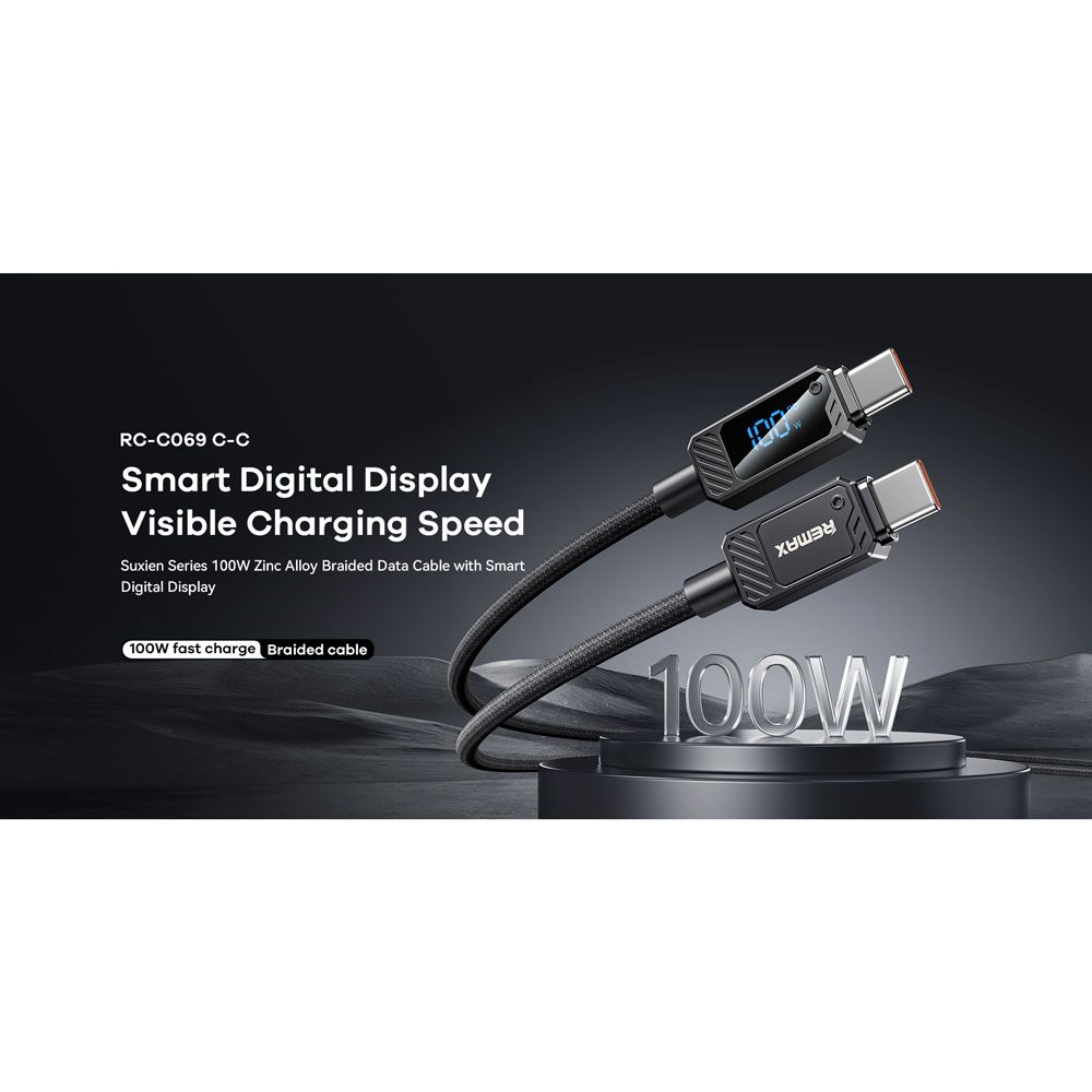 REMAX RC-C069 C-C Type-C to Type-C 100W Fast Charging Cable with Display REMAX RC-C069 C-C Type-C to Type-C 100W Fast Charging Cable with Display