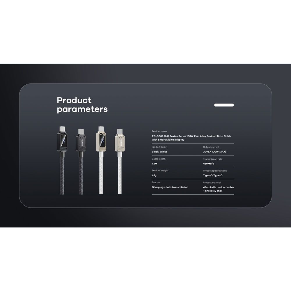 REMAX RC-C069 C-C Type-C to Type-C 100W Fast Charging Cable with Display REMAX RC-C069 C-C Type-C to Type-C 100W Fast Charging Cable with Display