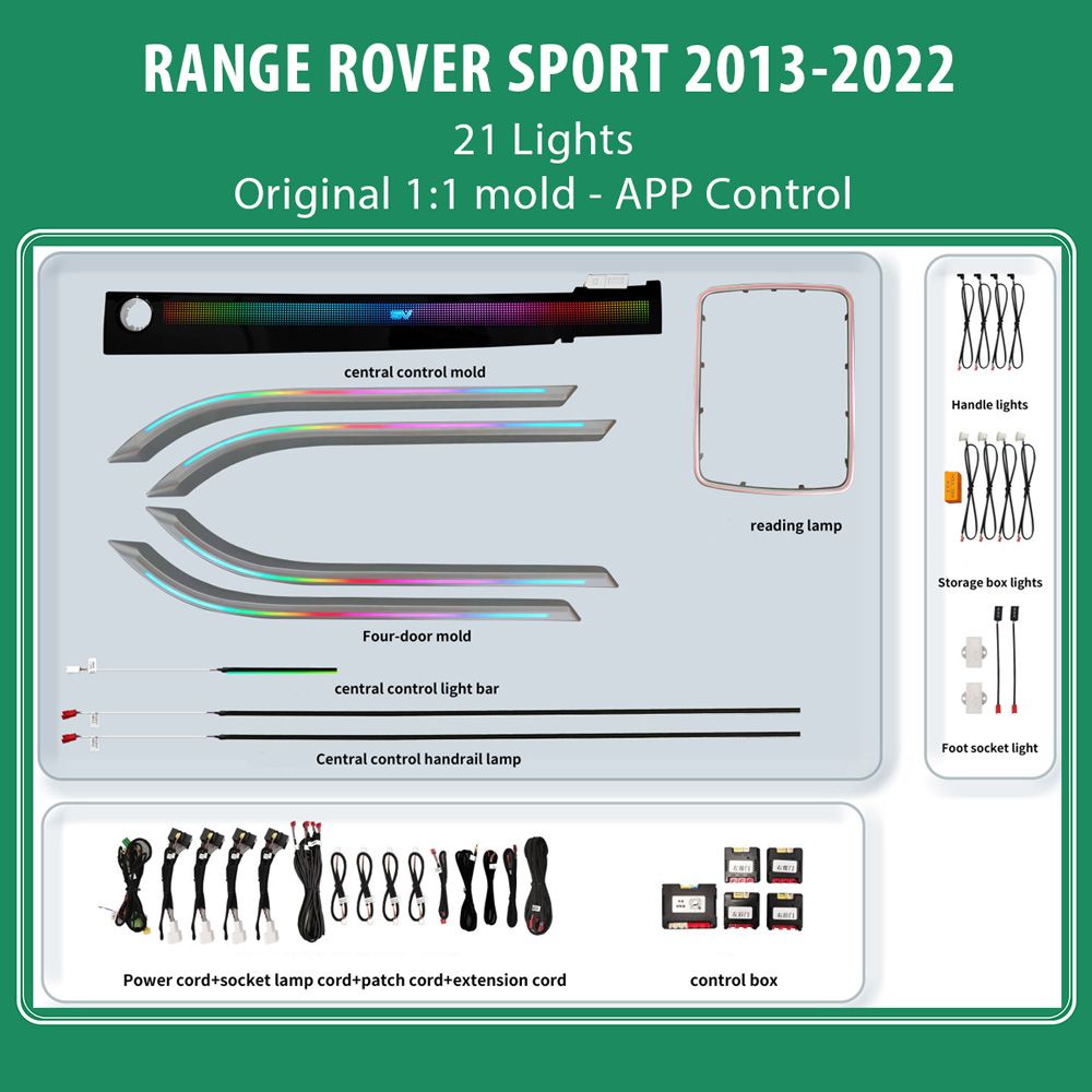 DIQ AMBIENT RANGE ROVER SPORT (L494) TRIM mod. 2013-2022 (Digital iQ Ambient Light for LAND ROVER RANGE ROVER SPORT L494 mod. 2013-2021 with 21 Lights) DIQ AMBIENT RANGE ROVER SPORT (L494) TRIM mod. 2013-2022 (Digital iQ Ambient Light for LAND ROVER RANGE ROVER SPORT L494 mod. 2013-2021 with 21 Lights)