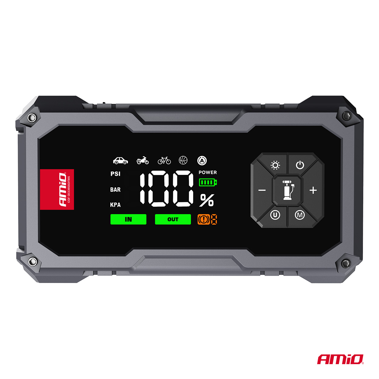 Amio - Φορητός Εκκινητής Μπαταρίας 4 σε 1 τύπου Jump Starter με Κομπρεσέρ Αέρα Φως LED και Powerbank τάση λειτουργίας 12V απόδοσης 7.2Ah 600A για Επιβατικά Αυτοκίνητα - 1 τεμ. (04674/AM) Amio - Φορητός Εκκινητής Μπαταρίας 4 σε 1 τύπου Jump Starter με Κομπρεσέρ Αέρα Φως LED και Powerbank τάση λειτουργίας 12V απόδοσης 7.2Ah 600A για Επιβατικά Αυτοκίνητα - 1 τεμ. (04674/AM)