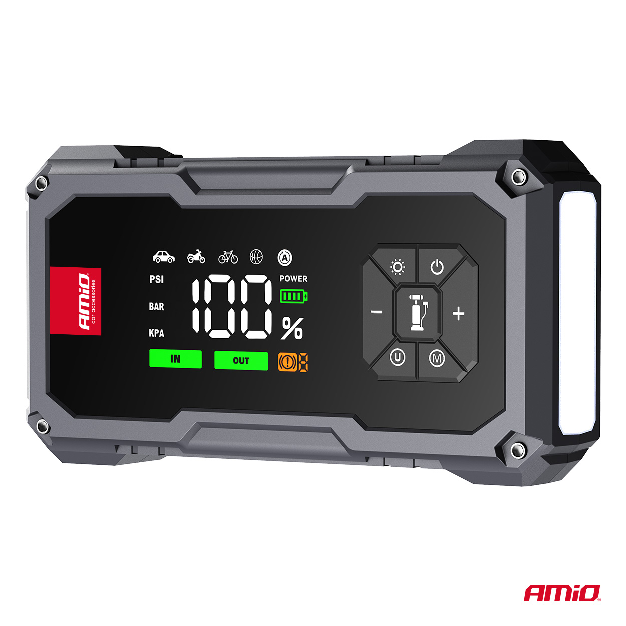 Amio - Φορητός Εκκινητής Μπαταρίας 4 σε 1 τύπου Jump Starter με Κομπρεσέρ Αέρα Φως LED και Powerbank τάση λειτουργίας 12V απόδοσης 7.2Ah 600A για Επιβατικά Αυτοκίνητα - 1 τεμ. (04674/AM) Amio - Φορητός Εκκινητής Μπαταρίας 4 σε 1 τύπου Jump Starter με Κομπρεσέρ Αέρα Φως LED και Powerbank τάση λειτουργίας 12V απόδοσης 7.2Ah 600A για Επιβατικά Αυτοκίνητα - 1 τεμ. (04674/AM)