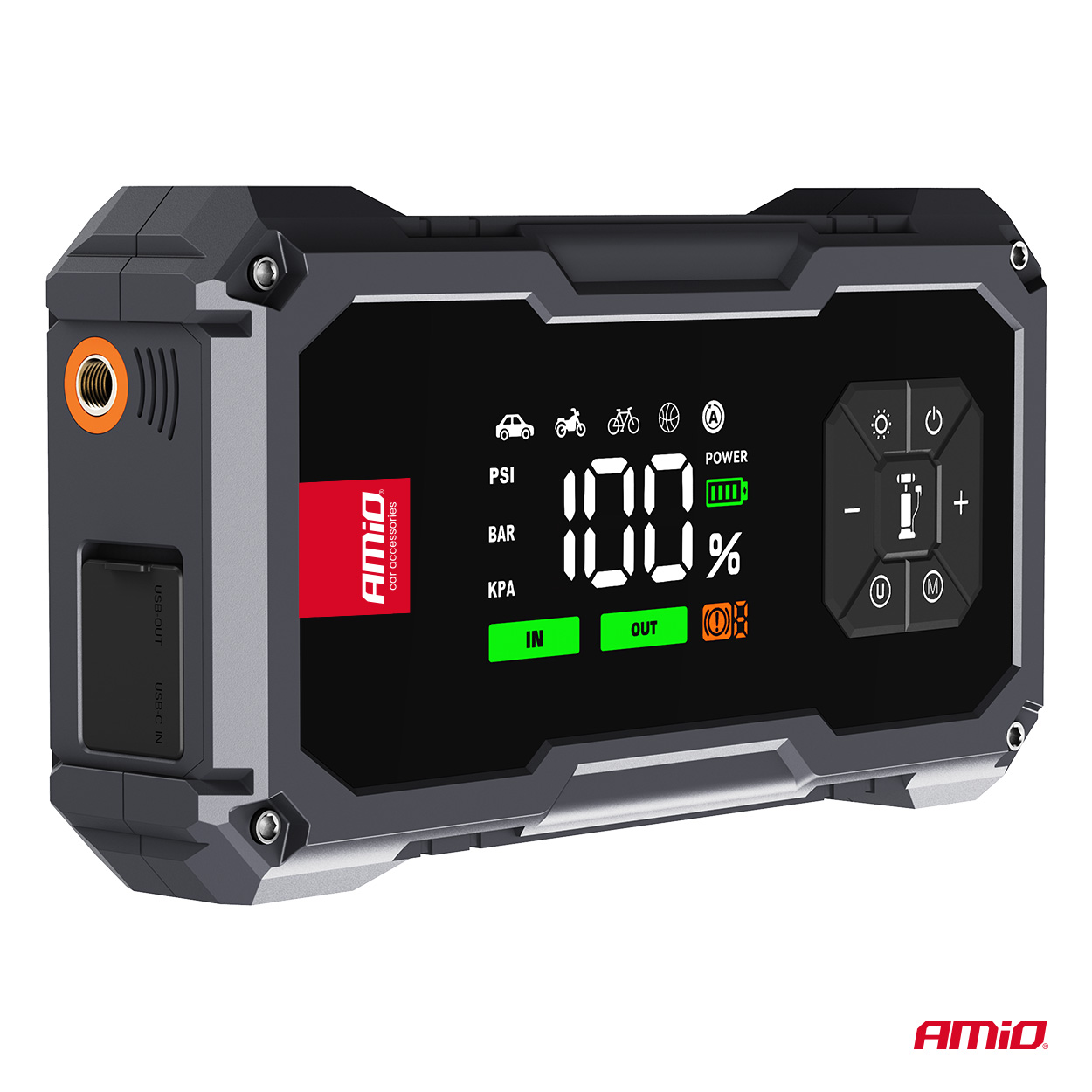 Amio - Φορητός Εκκινητής Μπαταρίας 4 σε 1 τύπου Jump Starter με Κομπρεσέρ Αέρα Φως LED και Powerbank τάση λειτουργίας 12V απόδοσης 7.2Ah 600A για Επιβατικά Αυτοκίνητα - 1 τεμ. (04674/AM) Amio - Φορητός Εκκινητής Μπαταρίας 4 σε 1 τύπου Jump Starter με Κομπρεσέρ Αέρα Φως LED και Powerbank τάση λειτουργίας 12V απόδοσης 7.2Ah 600A για Επιβατικά Αυτοκίνητα - 1 τεμ. (04674/AM)
