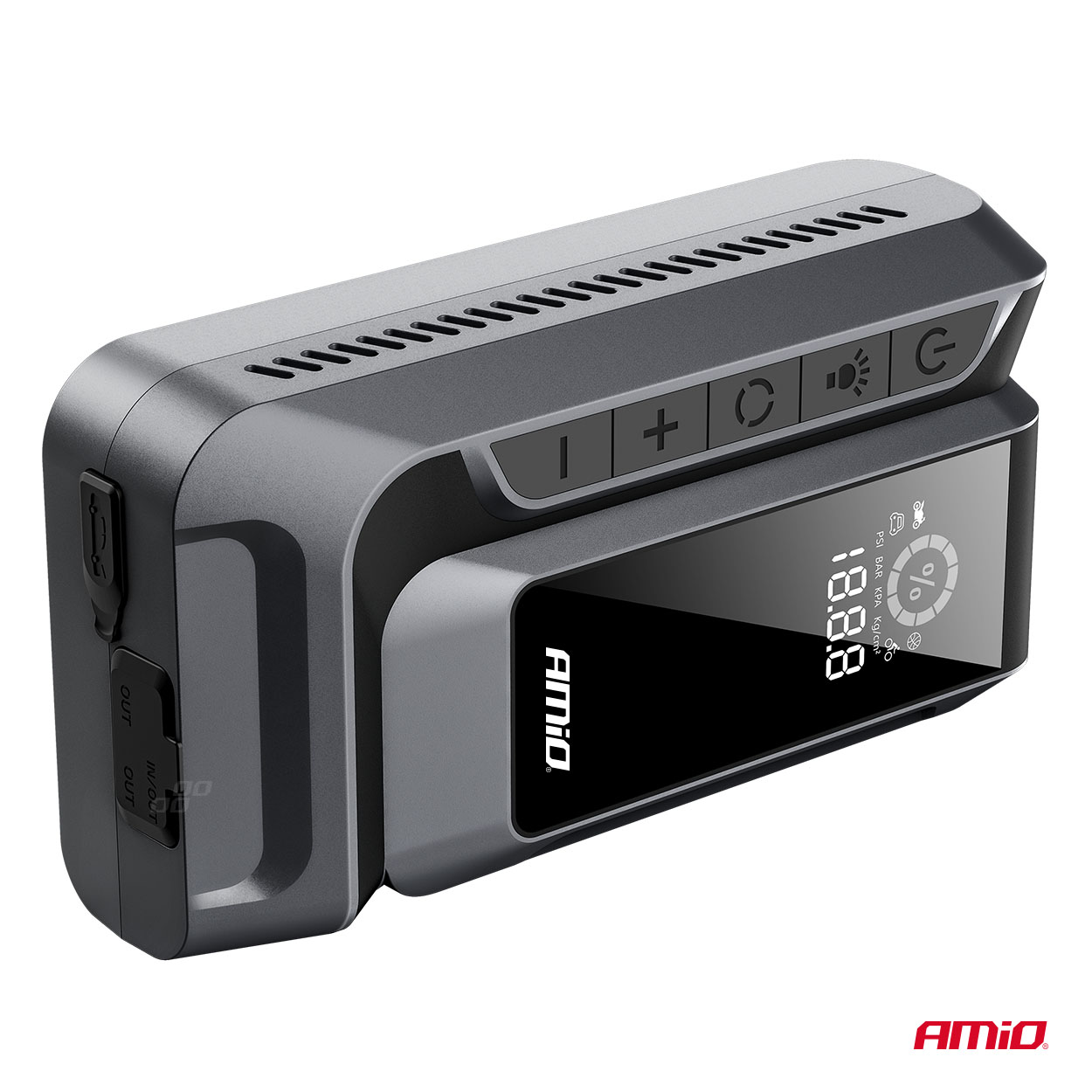 Amio - Φορητός Εκκινητής Μπαταρίας (Jump Starter) 4 σε 1 με ενσωματωμένο Κομπρεσέρ Αέρα, Powerbank και Φακό LED τάση λειτουργίας 12V με χωρητικότητα 12Ah και μέγιστο ρεύμα εκκίνησης 1600A για Επιβατικά Αυτοκίνητα - 1 τεμ. (04677/AM) Amio - Φορητός Εκκινητής Μπαταρίας (Jump Starter) 4 σε 1 με ενσωματωμένο Κομπρεσέρ Αέρα, Powerbank και Φακό LED τάση λειτουργίας 12V με χωρητικότητα 12Ah και μέγιστο ρεύμα εκκίνησης 1600A για Επιβατικά Αυτοκίνητα - 1 τεμ. (04677/AM)