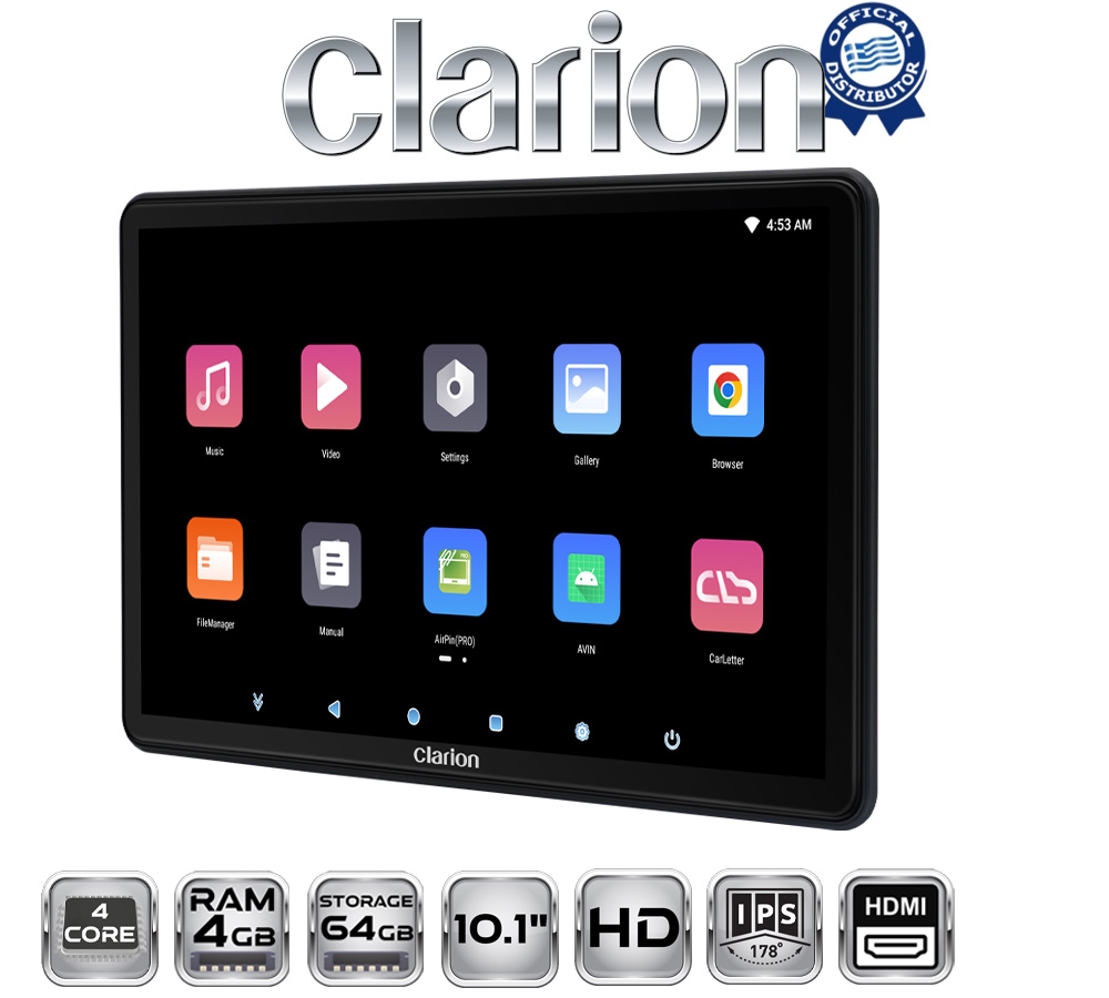 CLARION 10.1in HEADREST MONITOR 4c 4+64G - HDMI input/ output FM Modulator / BT / WiFi / USB / SD Card Slot CLARION 10.1in HEADREST MONITOR 4c 4+64G - HDMI input/ output FM Modulator / BT / WiFi / USB / SD Card Slot