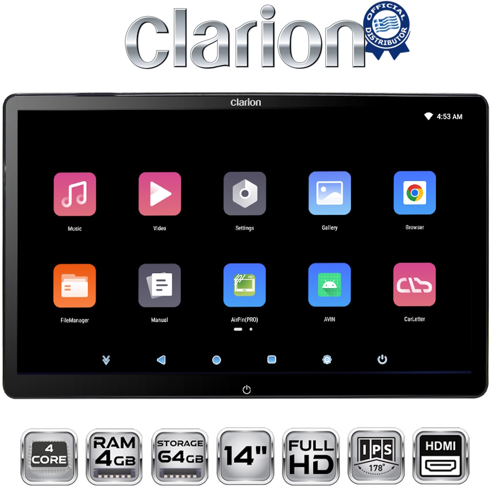 CLARION 14inc HEADREST MONITOR 4core 4+64G - HDMI input/ output FM Modulator / BT / WiFi / USB / SD Card Slot CLARION 14inc HEADREST MONITOR 4core 4+64G - HDMI input/ output FM Modulator / BT / WiFi / USB / SD Card Slot