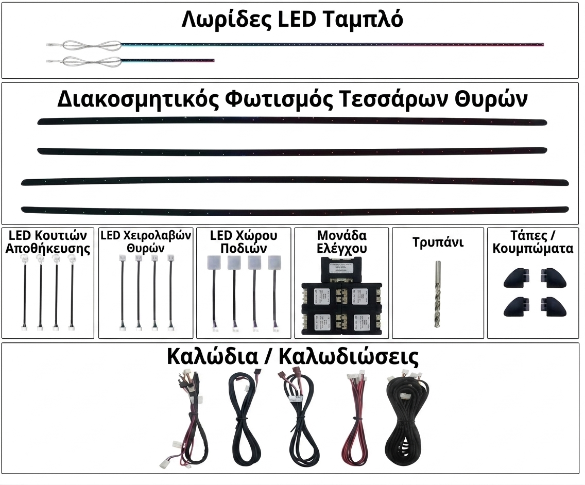 AMBIENT Universal 4 doors Starry trims
18 Φώτα (4 φώτα λαβής πόρτας, 4 φώτα trim πόρτας, 4 φώτα αποθηκευτικού χώρου πόρτας, 4 φώτα ποδιών, 2 κεντρικά φώτα).
2 πλαστικά trim για εμπρός πόρτες 80cm.
2 πλαστικά trim για πίσω πόρτες 70cm.
1 οπτική AMBIENT Universal 4 doors Starry trims
18 Φώτα (4 φώτα λαβής πόρτας, 4 φώτα trim πόρτας, 4 φώτα αποθηκευτικού χώρου πόρτας, 4 φώτα ποδιών, 2 κεντρικά φώτα).
2 πλαστικά trim για εμπρός πόρτες 80cm.
2 πλαστικά trim για πίσω πόρτες 70cm.
1 οπτική