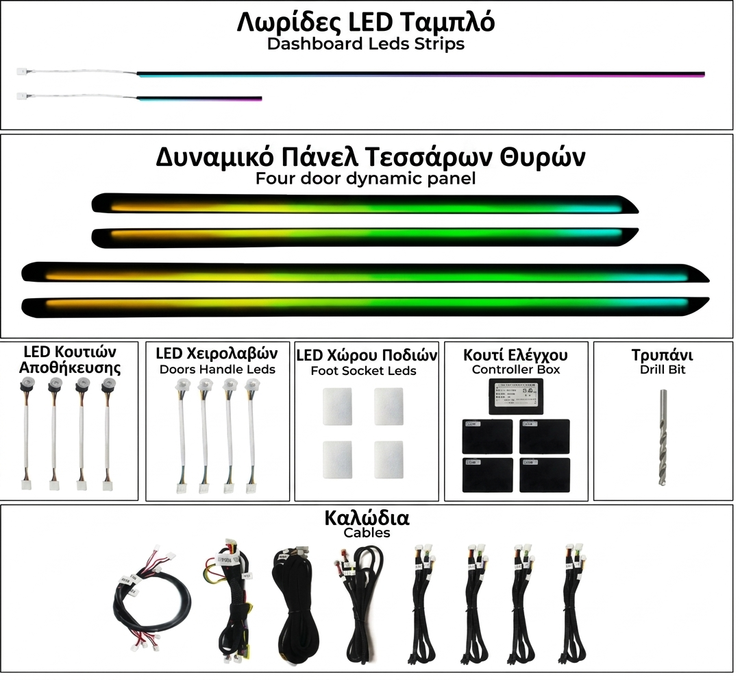 AMBIENT Universal 4d Dynamic trims
18 Φώτα (4 φώτα λαβής πόρτας, 4 φώτα trim πόρτας, 4 φώτα αποθηκευτικού χώρου πόρτας, 4 φώτα ποδιών, 2 κεντρικά φώτα).
2 πλαστικά trim για εμπρός πόρτες 59cm . (προσοχή δεν κόβονται σε επιθυμητή διάσταση )
2 πλ AMBIENT Universal 4d Dynamic trims
18 Φώτα (4 φώτα λαβής πόρτας, 4 φώτα trim πόρτας, 4 φώτα αποθηκευτικού χώρου πόρτας, 4 φώτα ποδιών, 2 κεντρικά φώτα).
2 πλαστικά trim για εμπρός πόρτες 59cm . (προσοχή δεν κόβονται σε επιθυμητή διάσταση )
2 πλ