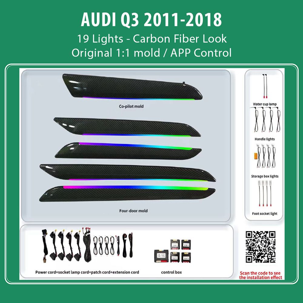 DIQ AMBIENT AUDI Q3 (8U) DYN (Digital iQ Ambient Light for Audi Q3 mod. 2011-2018 with 19 Lights, Carbon Look) DIQ AMBIENT AUDI Q3 (8U) DYN (Digital iQ Ambient Light for Audi Q3 mod. 2011-2018 with 19 Lights, Carbon Look)